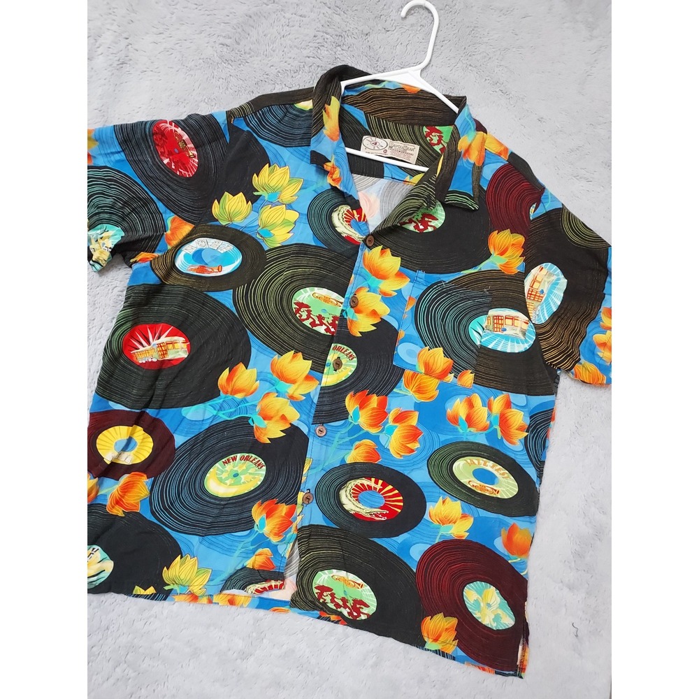Bayouwear Shirt Mens XL New Orleans Jazz Fest Vinyl Records Rayon Mardi Gras